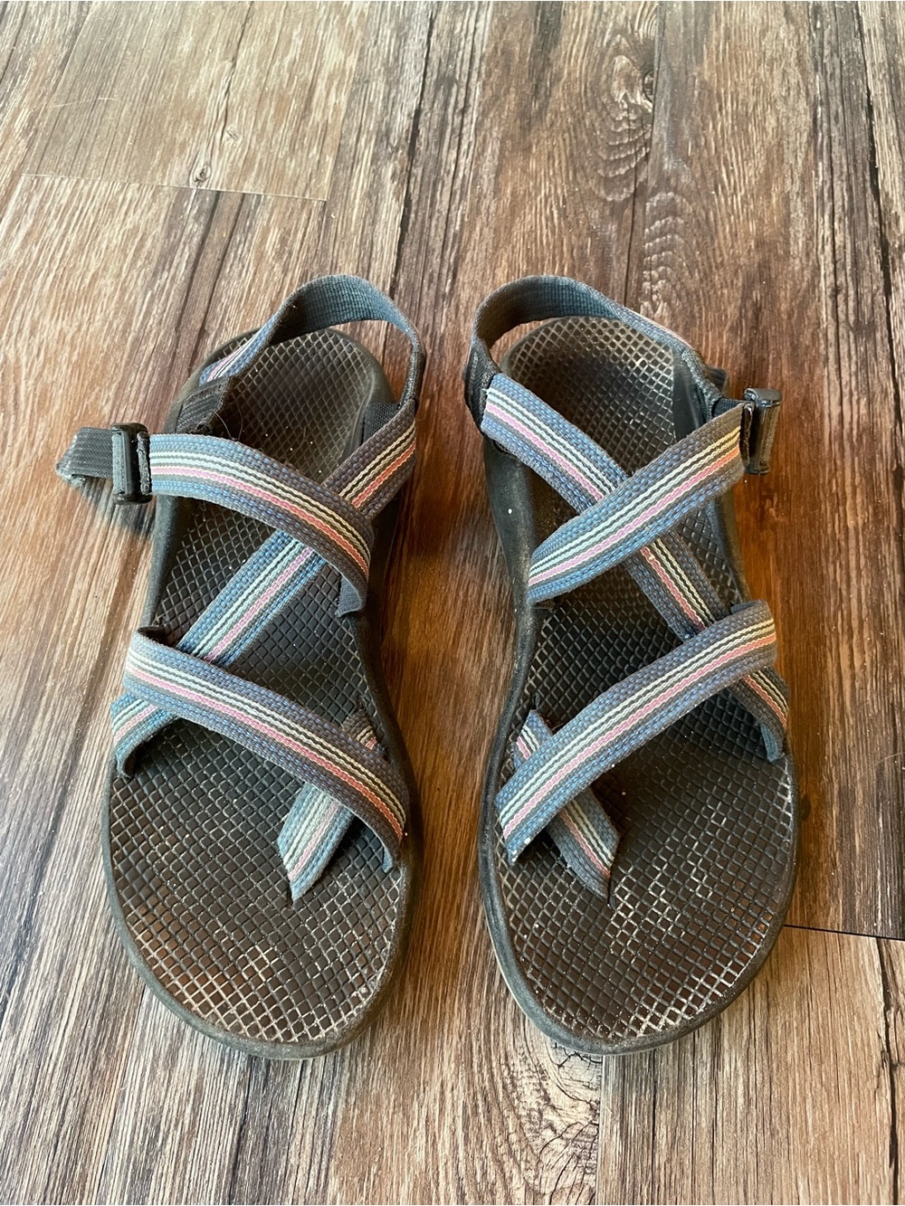 Chaco Women's Strappy Sandals with Blue and Pink Striped Webbing